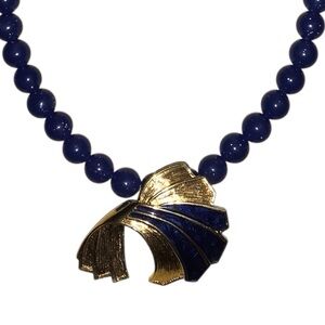 Monet Gold-Tone and Dark Blue Bead Necklace with Matching Earrings